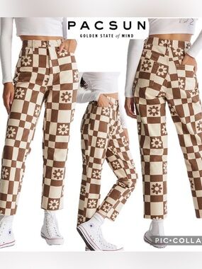 Pacsun Eco Flower Checkerboard High Waisted Straight Leg Jeans Raw Hem Size 26